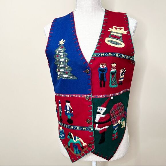 VTG 90s New Identity 100% Wool Embroidered Christmas Holiday Vest Small - Picture 1 of 11